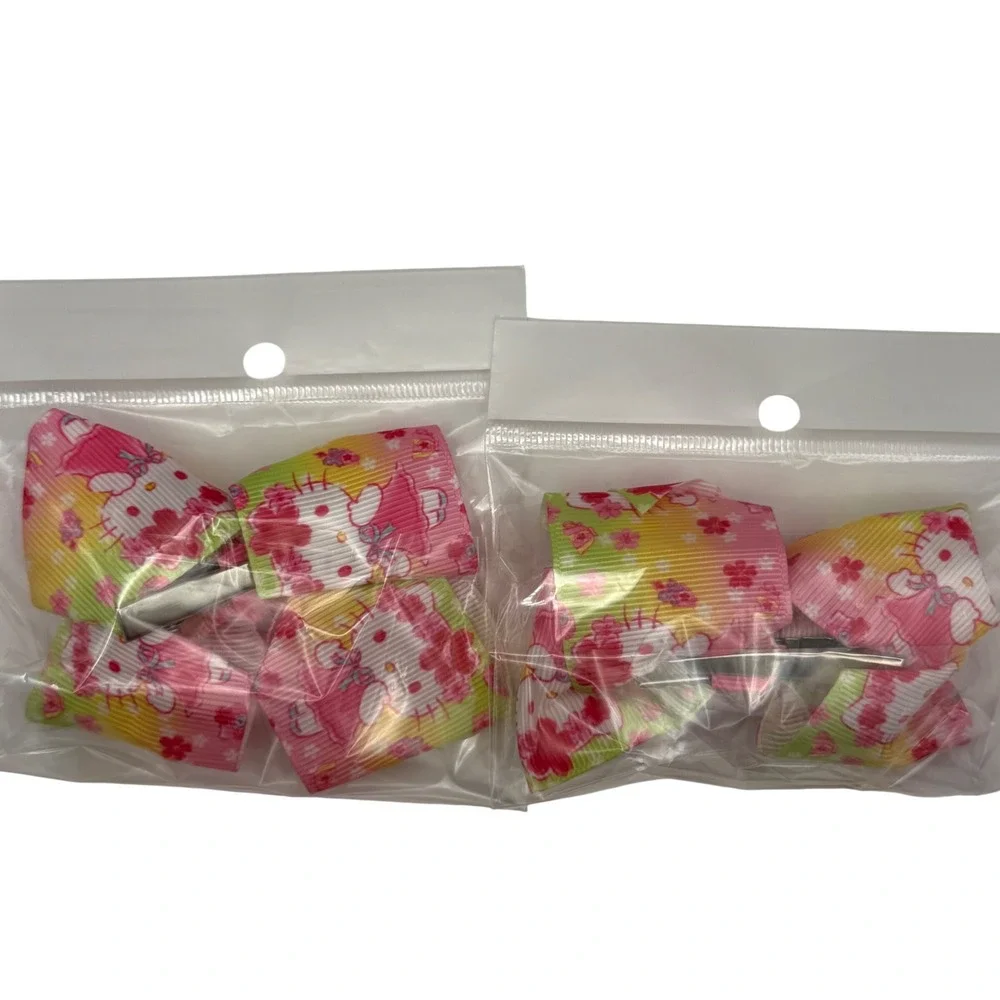 Hello Kitty Hair Bows Set Cute Pink Green Yellow Floral Ribbon Clips Kids‎
